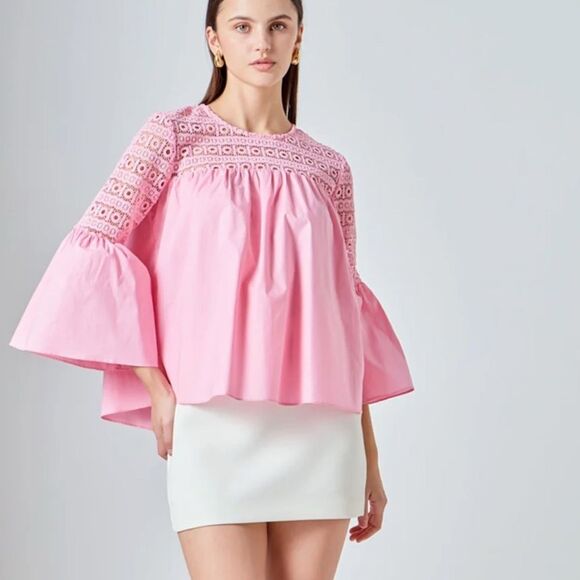 Anthropologie Endless Rose Pink Lace Poplin Bell Sleeve Blouse Large TJ027T - Picture 2 of 14
